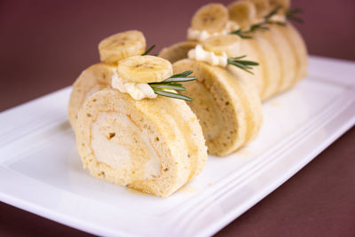 High angle view of bread in plate on table