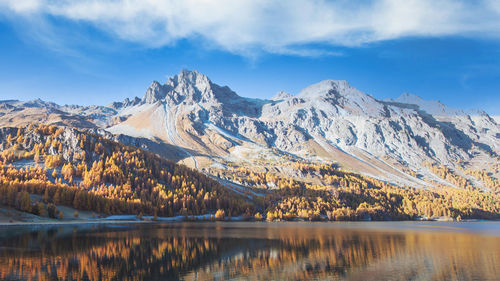 Scenic view of snowcapped mountains against sky