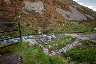 High angle view of water flowing through rocks