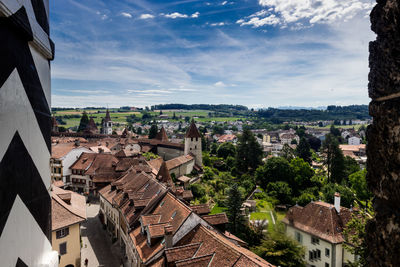 High angle view of townscape against sky