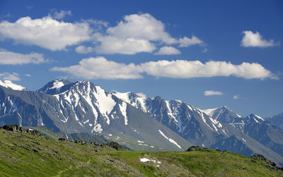 Scenic view of snowcapped mountains against sky