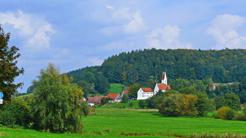 Trees and houses on field against sky