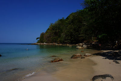 Scenic view of sea against clear blue sky