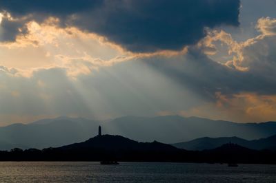 Scenic view of lake against cloudy sky during sunset