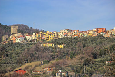 Buildings in town against clear blue sky