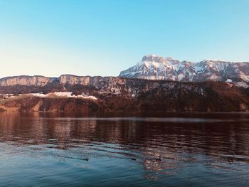 Scenic view of lake with mountain range in background
