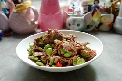 Close-up of food served on table