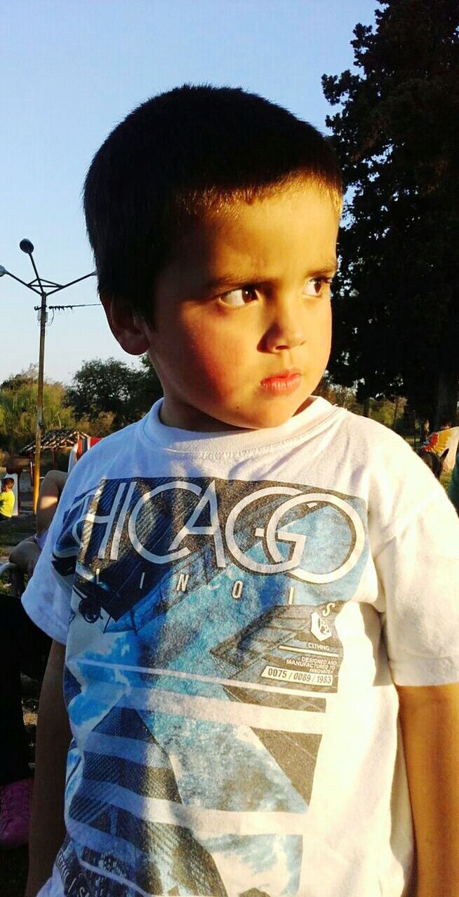 boys, waist up, childhood, standing, clear sky, blue, innocence, day