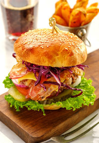 Close-up of burger on table