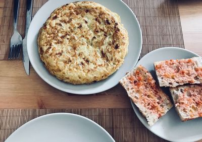 High angle view of breakfast served on table