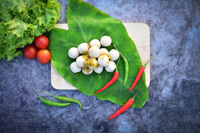 High angle view of fruits and vegetables on table