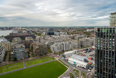 High angle view of buildings in city