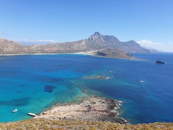 Scenic view of sea and mountains against blue sky