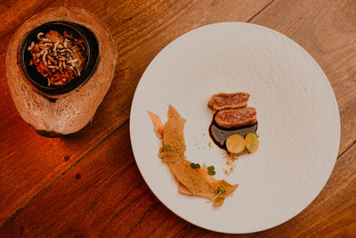 High angle view of food in plate on table