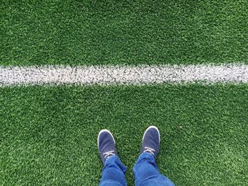 Low section of man standing on grass