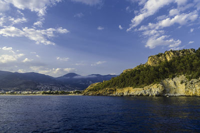 Scenic view of sea and mountains against sky