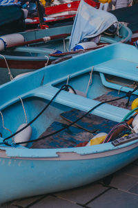 Close-up of fishing boats moored on beach