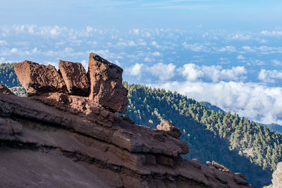 Low angle view of rock formations against sky