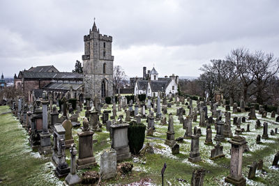 High angle view of cemetery against sky