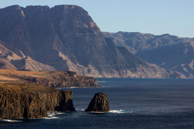 Scenic view of sea and mountains against sky