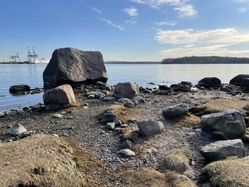 Rocks on beach against sky