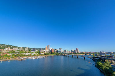 Scenic view of river by buildings against clear blue sky