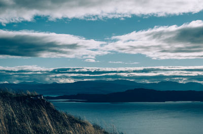 Scenic view of sea and mountains against sky