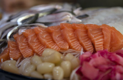Close-up of chopped fish in plate