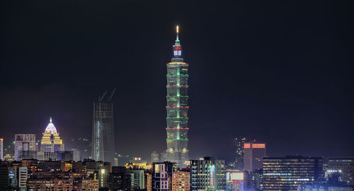 Illuminated buildings in city at night