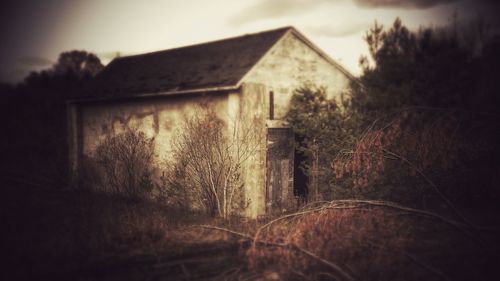Close-up of house by trees against clear sky