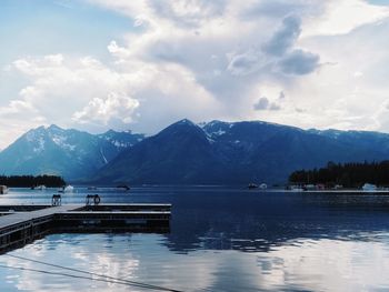 Scenic view of lake by mountains against sky