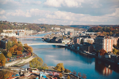 High angle view of river passing through city