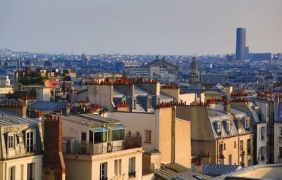 High angle view of cityscape against clear sky