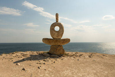 Rocks on beach against sky