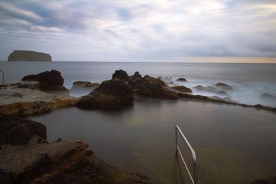 Rocks on sea shore against sky