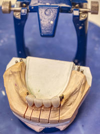 High angle view of cake in plate on table