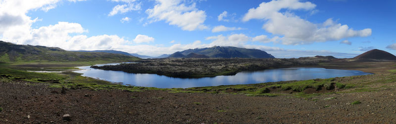 Scenic view of lake against cloudy sky