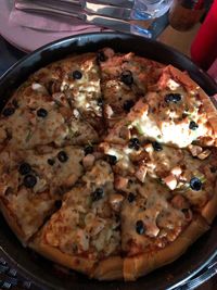 High angle view of pizza in plate