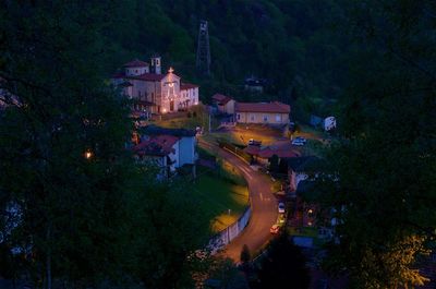 High angle view of illuminated buildings at night