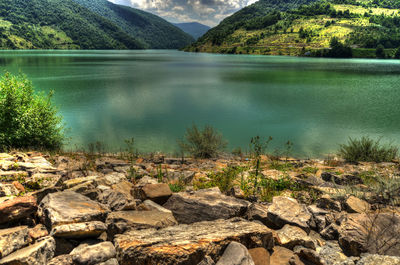 Scenic view of lake by trees against sky