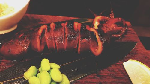 Close-up of fruits in plate on table