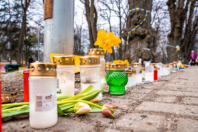 Thousands candles and flowers standing on the street during the war in ukraine