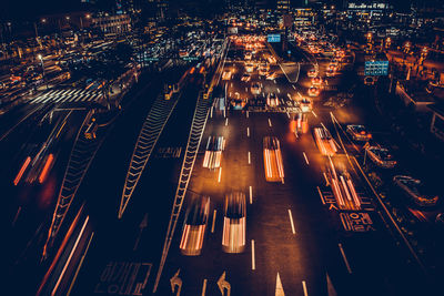 High angle view of light trails on city street