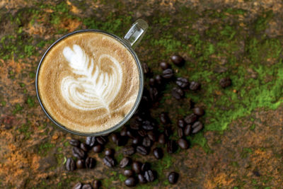 High angle view of cappuccino coffee cup