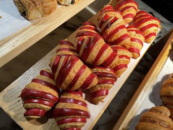 Close up group of fresh baked croissants, super delicious warm fresh buttery croissants and rolls 