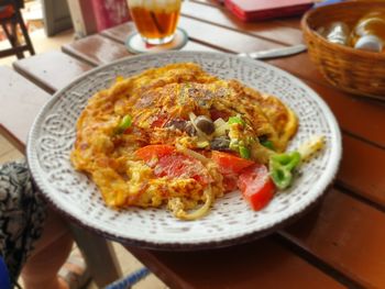 High angle view of meal served on table