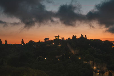 Silhouette of buildings against cloudy sky at sunset