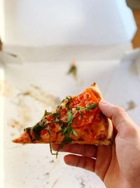 Close-up of hand holding pizza