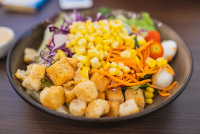 High angle view of food in bowl on table