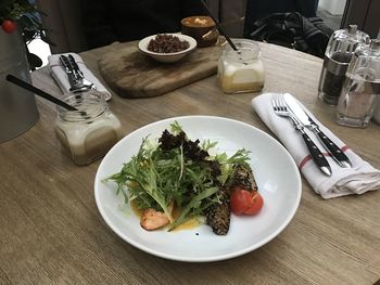 High angle view of breakfast served on table